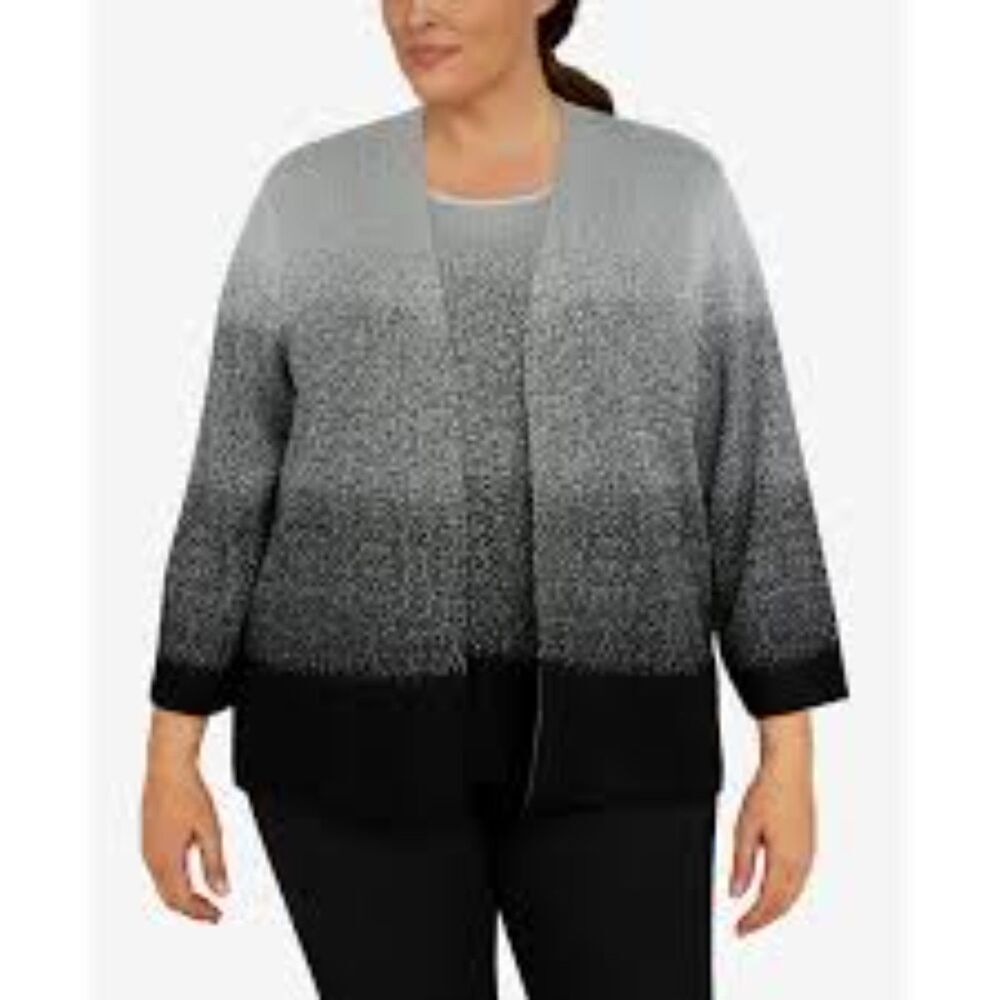 NWT Alfred Dunner Women Black Grey Ombre Shimmer Top/Cardigan Set size 3X